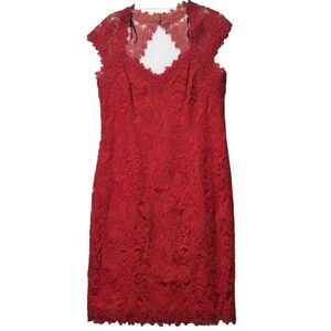 Tadashi Shoji‎ Flame Queen Anne Neckline Open Back Corded Lace Tulle Dress Red 6